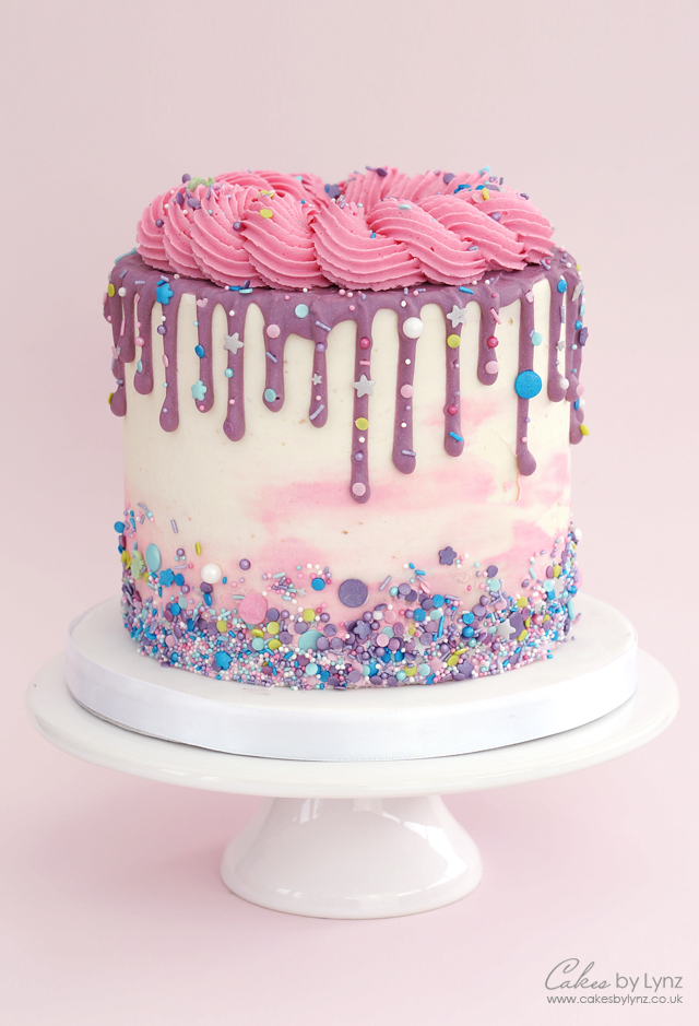Purple and Pink sprinkle drip cake