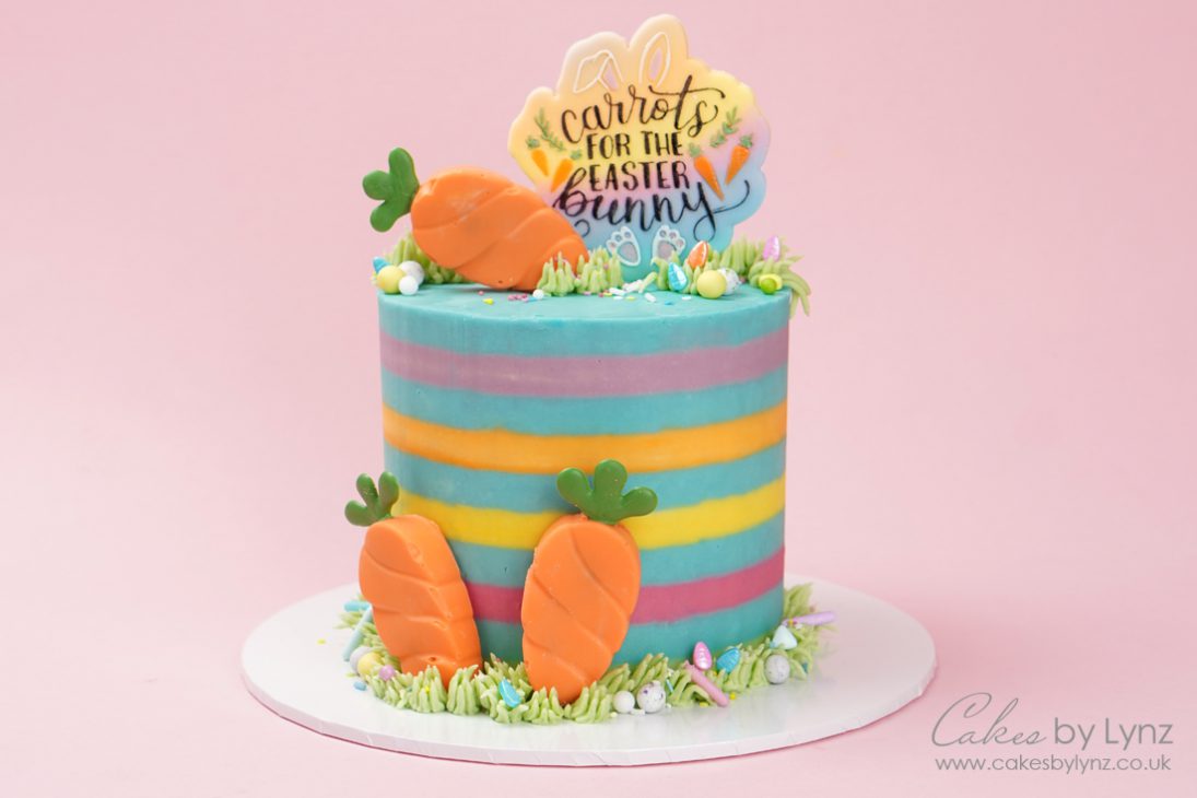 Striped Easter themed cake tutorial with carrot cakesicles